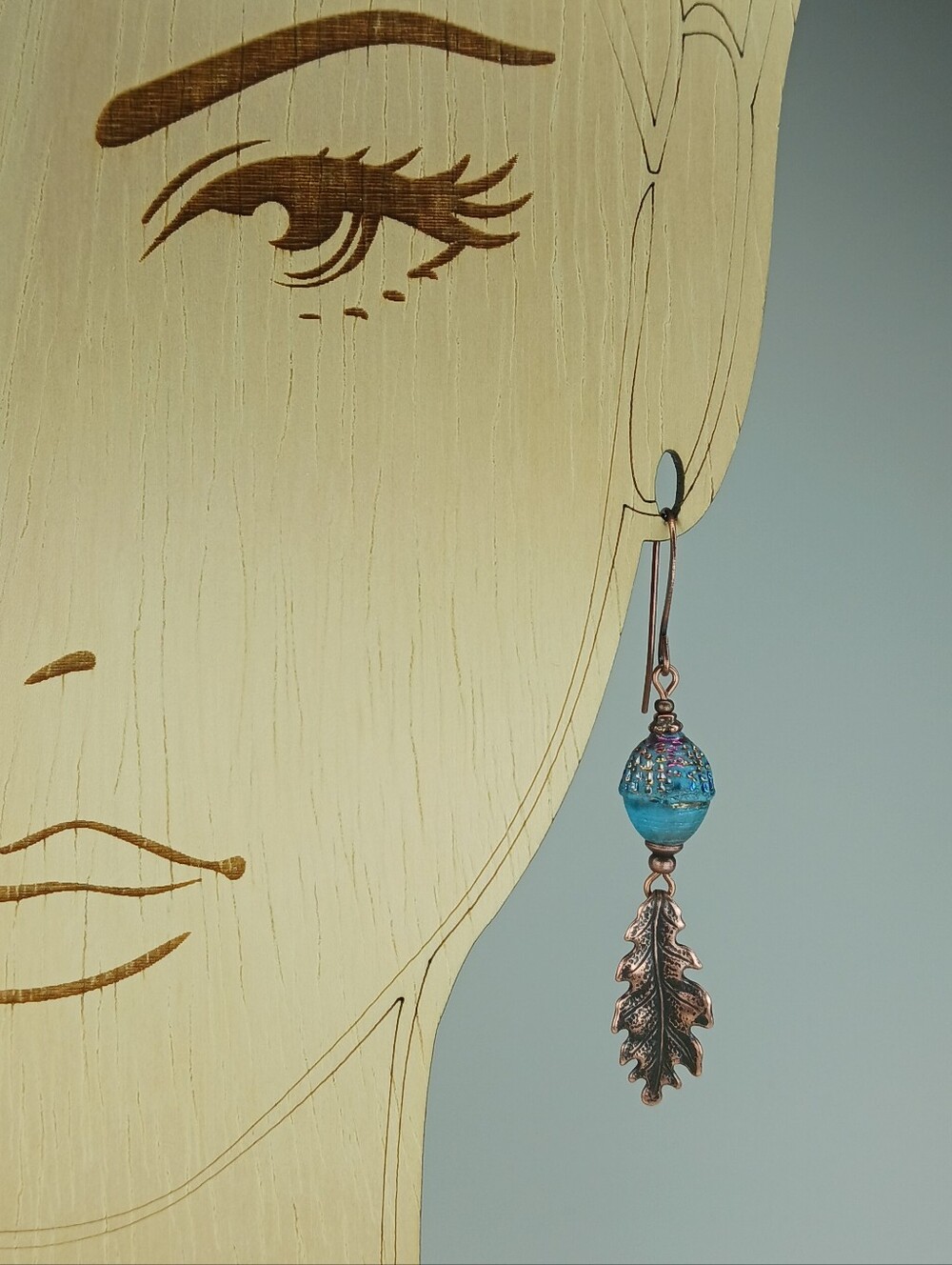 Blue Czech Glass Acorn Earrings Copper Oak Leaf Woodland Hand Crafted - Picture 6 of 7